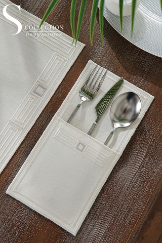 Tuscan Off White & Silver Embroidered Placemat Set, 24 Pieces for 6