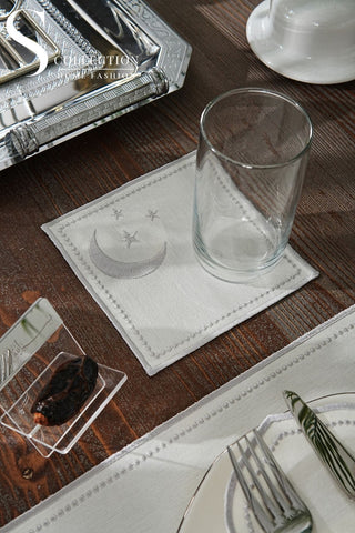 Ramadan Glamorous Silver Embroidered Placemat Set, 24 Pieces for 6