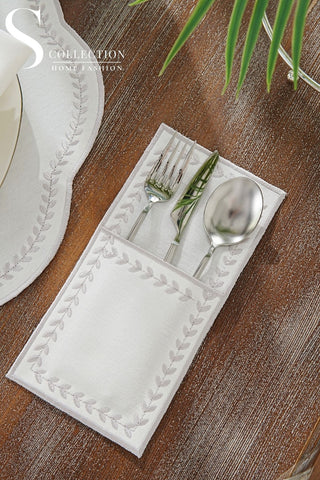 Leafy Allure Silver Embroidered Placemat Set, 24 Pieces for 6