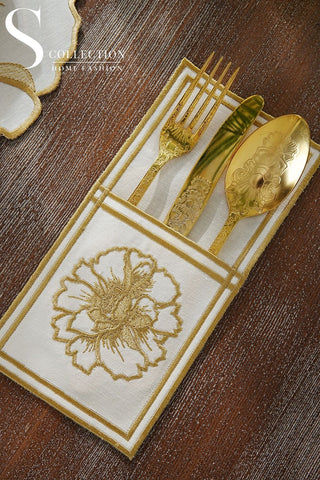Eloise Gold Embroidered Placemat Set, 24 Pieces for 6