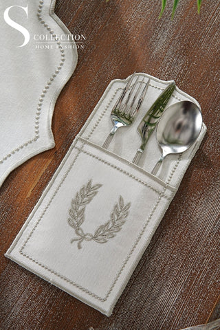 Laurel Wreath Silver Embroidered Placemat Set, 24 Pieces for 6