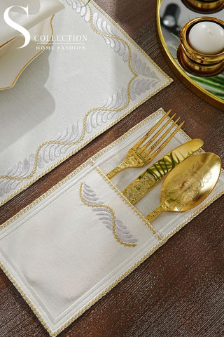 Ocean Silver & Gold Embroidered Placemat Set, 24 Pieces for 6