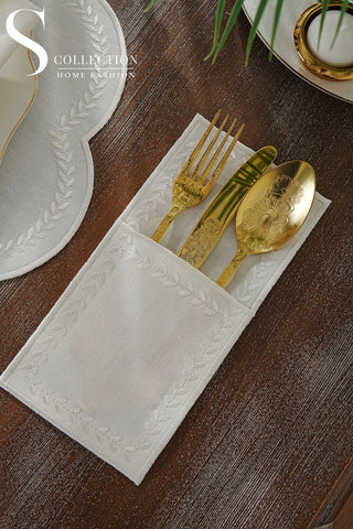Leafy Allure Off White Embroidered Placemat Set, 24 Pieces for 6