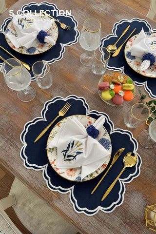 Cloudy Navy Blue Embroidered Placemat Set, 18 Pieces for 6