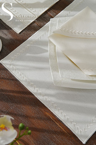 Leafy Allure Cornered Off White Embroidered Placemat Set, 24 Pieces for 6