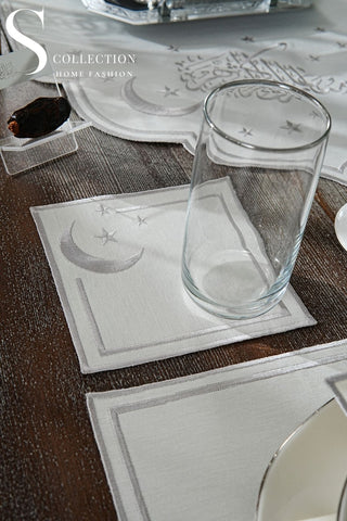 Ramadan Stellar Serenity Silver Embroidered Full Placemat Set, 26 Pieces for 6