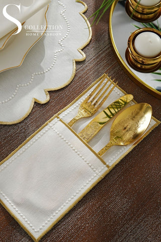 Tansy Gold & Off White Embroidered Placemat Set, 24 Pieces for 6