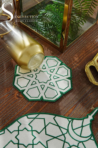 Ramadan Dome Green & Off White Embroidered Placemat Set, 24 Pieces for 6