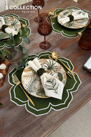 Valeria Green Embroidered Placemat Set, 18 Pieces for 6