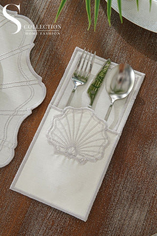 Marine Silver Embroidered Placemat Set, 24 Pieces for 6
