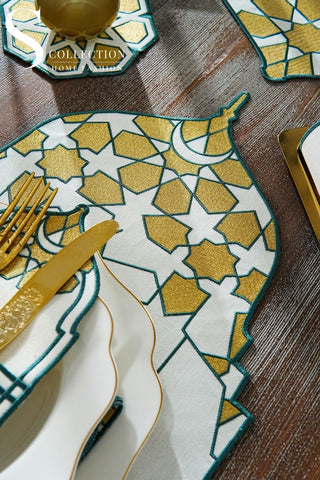 Ramadan Dome Green & Gold Embroidered Full Placemat Set, 26 Pieces for 6