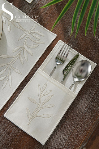 Flower Off White & Silver Embroidered Placemat Set, 24 Pieces for 6