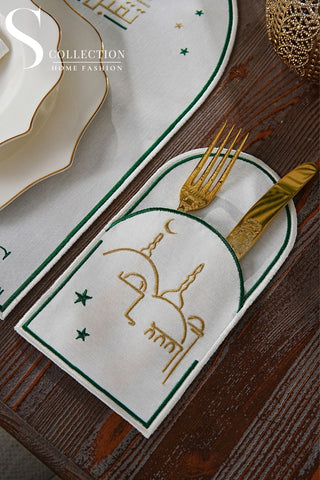 Ramadan Qabool Green & Gold Embroidered Placemat Set, 12 Pieces for 6