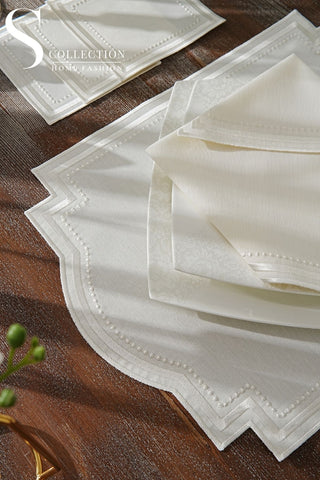 Graceful Off White Embroidered Placemat Set, 24 Pieces for 6