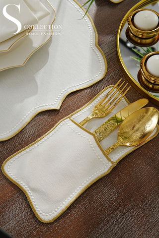 Alice Gold & Off White Embroidered Placemat Set, 24 Pieces for 6