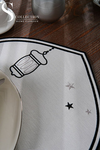 Ramadan Qamar Black & Silver Embroidered Placemat Set, 12 Pieces for 6