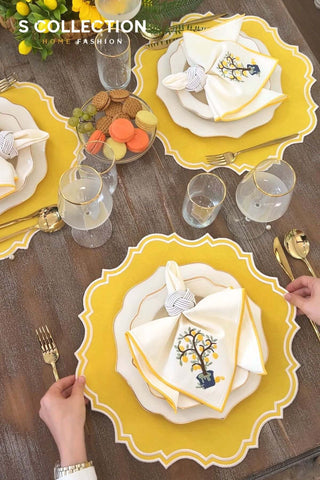 Camila Yellow Embroidered Placemat Set, 18 Pieces for 6