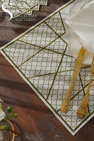 Rimal Olive Green Embroidered Placemat Set, 18 Pieces for 6