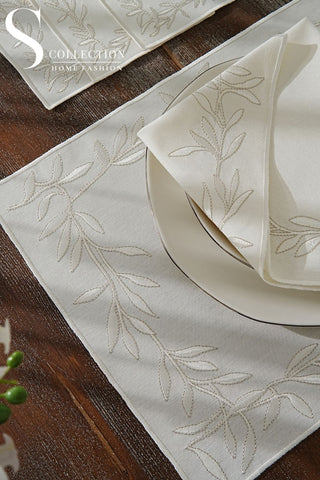 Flower Off White & Silver Embroidered Placemat Set, 24 Pieces for 6