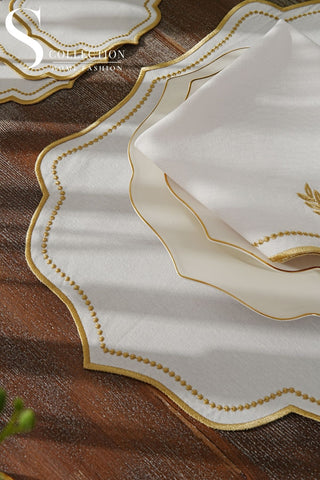 Laurel Wreath Gold Embroidered Placemat Set, 24 Pieces for 6