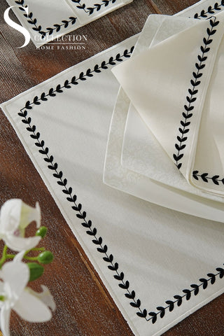 Leafy Allure Cornered Black Embroidered Placemat Set, 24 Pieces for 6