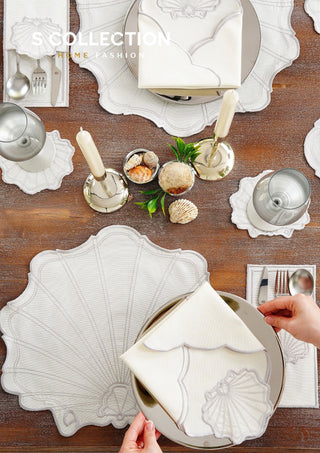 Marine Silver Embroidered Placemat Set, 24 Pieces for 6