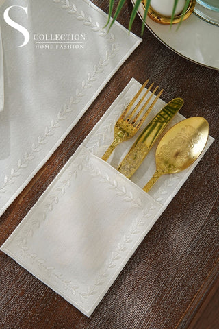 Leafy Allure Cornered Off White Embroidered Placemat Set, 24 Pieces for 6