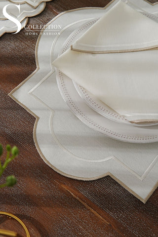 Milan Off White & Cappuccino Embroidered Placemat Set, 24 Pieces for 6
