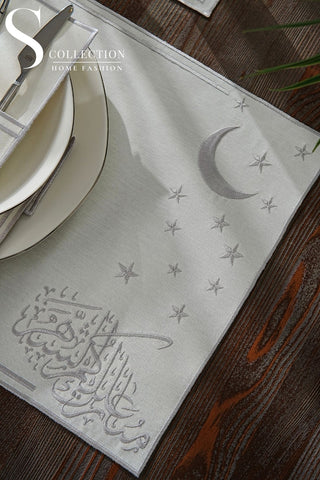 Ramadan Stellar Serenity Silver Embroidered Placemat Set, 24 Pieces for 6