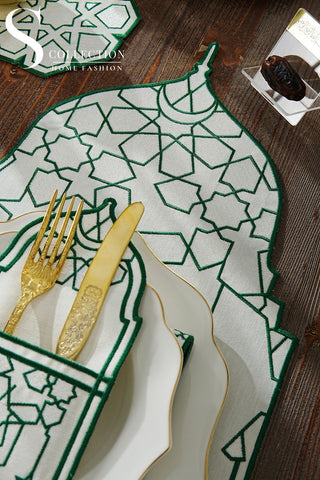 Ramadan Dome Green & Off White Embroidered Placemat Set, 24 Pieces for 6
