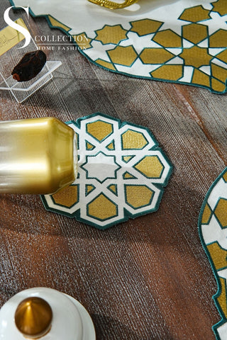 Ramadan Dome Green & Gold Embroidered Full Placemat Set, 26 Pieces for 6