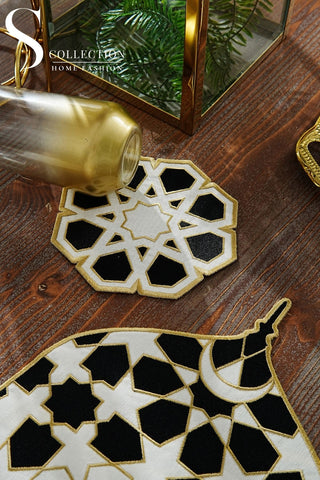 طقم مفارش سفرة قبة رمضان مطرّز بالأسود والذهبي – 24 قطعة لـ 6 أشخاص