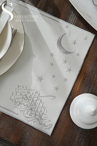 Ramadan Stellar Serenity Silver Embroidered Full Placemat Set, 26 Pieces for 6