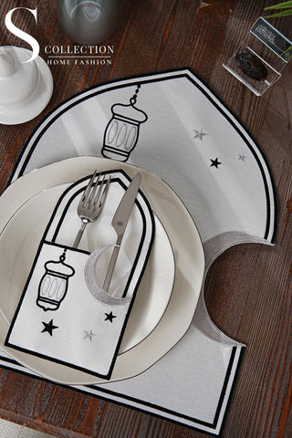 Ramadan Qamar Black & Silver Embroidered Placemat Set, 12 Pieces for 6