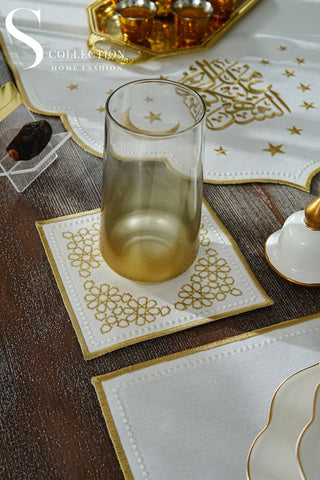 طقم مفارش سفرة كامل رمضان شيك مطرّز بالذهبي – 26 قطعة لـ 6 أشخاص