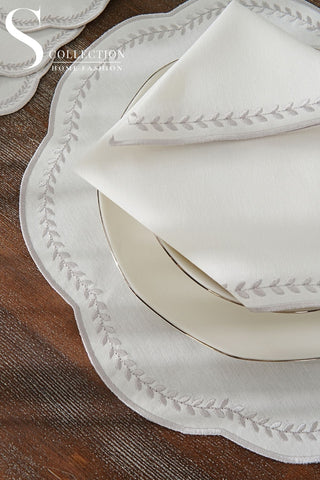 Leafy Allure Silver Embroidered Placemat Set, 24 Pieces for 6