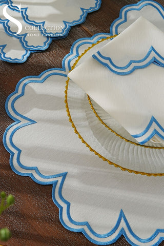 Cloud Light Blue Embroidered Placemat Set, 24 Pieces for 6