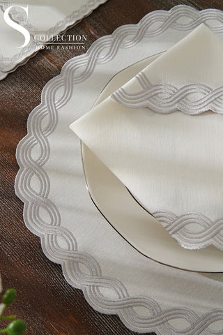 Ocean Braid Silver Embroidered Placemat Set, 24 Pieces for 6
