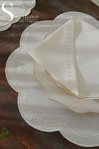 Leafy Allure Off White Embroidered Placemat Set, 24 Pieces for 6