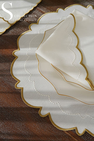 Tansy Gold & Off White Embroidered Placemat Set, 24 Pieces for 6