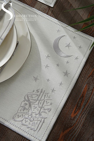 Ramadan Glamorous Silver Embroidered Placemat Set, 24 Pieces for 6