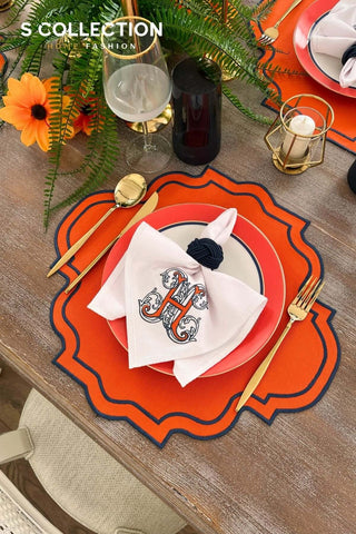 Alphabet H Orange Embroidered Placemat Set, 18 Pieces for 6