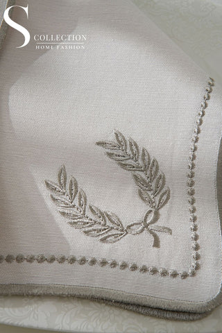 Laurel Wreath Silver Embroidered Placemat Set, 24 Pieces for 6