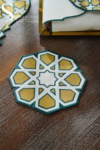 Ramadan Dome Green & Gold Embroidered Full Placemat Set, 26 Pieces for 6