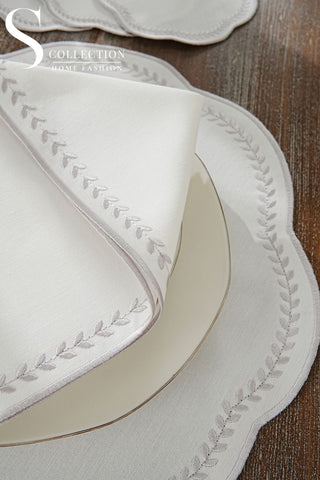Leafy Allure Silver Embroidered Placemat Set, 24 Pieces for 6