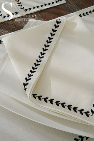 Leafy Allure Cornered Black Embroidered Placemat Set, 24 Pieces for 6