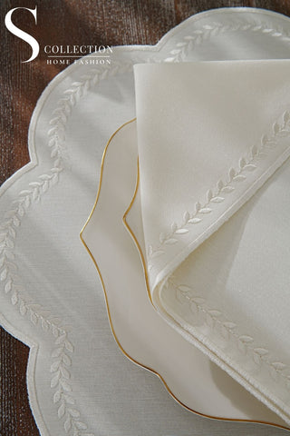 Leafy Allure Off White Embroidered Placemat Set, 24 Pieces for 6