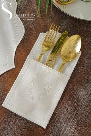 Laurel Wreath Off White Embroidered Placemat Set, 24 Pieces for 6