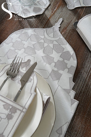 Ramadan Dome Silver Embroidered Full Placemat Set, 26 Pieces for 6