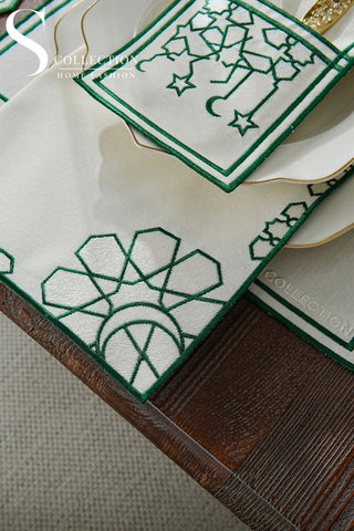 Ramadan Dome Green & Off White Embroidered Placemat Set, 24 Pieces for 6